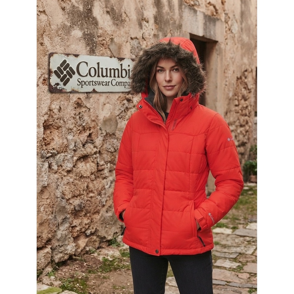 Columbia Omni-Shield‎ Red Hooded Puffer Jacket Faux Fur Trim Womens Small Coat